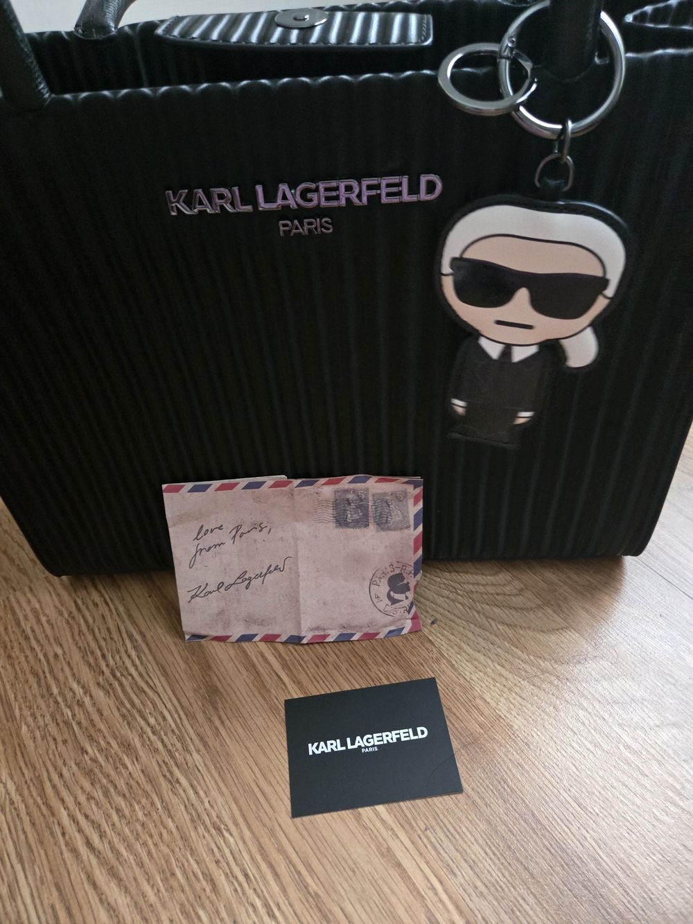 Karl Lagerfeld Paris Black Ribbed Tote Bag with Charm